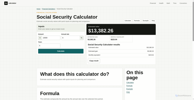 Security scan screenshot of https://da-calculator.com/social-security-calculator/