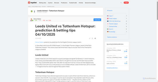 Security scan screenshot of https://legalbet.uk/tips/leeds-united-vs-tottenham-hotspur-prediction-betting-tips-04102025-simon-dalton/