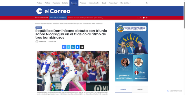 Security scan screenshot of https://elcorreo.com.do/republica-dominicana-debuta-con-triunfo-sobre-nicaragua-en-el-clasico-al-ritmo-de-tres-bambinazos/