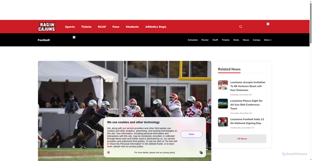 Security scan screenshot of https://ragincajuns.com/news/2024/12/28/football-louisiana-falls-to-tcu-in-isleta-new-mexico-bowl-34-3