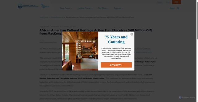 Security scan screenshot of https://savingplaces.org/press-center/media-resources/action-fund-receives-40-million-gift