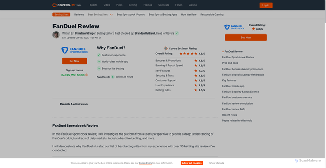 Security scan screenshot of https://www.covers.com/betting/reviews/fanduel