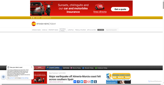 Security scan screenshot of https://spanishnewstoday.com/major_earthquake_off_almera_a_murcia_coast_felt_across_southern_spain_1000223430-a.html