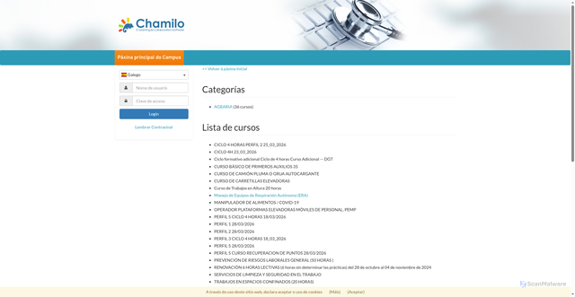 Security scan screenshot of http://campus.olmoscasesformacion.com/index.php?language=galician