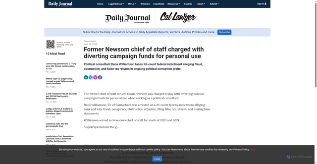 Security scan screenshot of https://www.dailyjournal.com/article/388523-former-newsom-chief-of-staff-charged-with-diverting-campaign-funds-for-personal-use