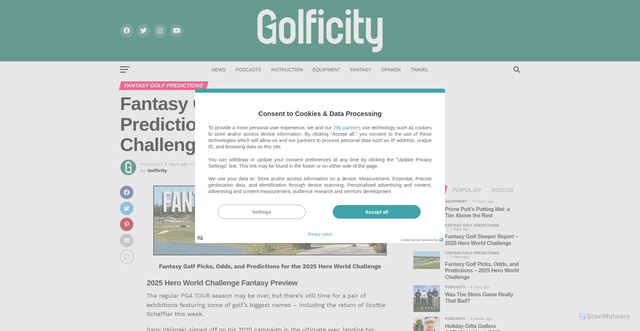 Security scan screenshot of https://golficity.com/fantasy-golf-picks-odds-and-predictions-2025-hero-world-challenge/