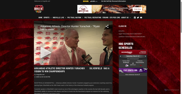 Security scan screenshot of https://hogville.net/pig-trail-nation/arkansas-athletic-director-hunter-yurachek-silverfield-has-a-vision-to-win-championships/