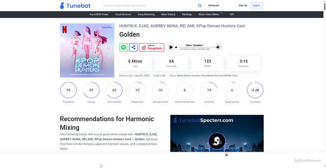Security scan screenshot of https://tunebat.com/Info/Golden-HUNTR-X-EJAE-AUDREY-NUNA-REI-AMI-KPop-Demon-Hunters-Cast/1CPZ5BxNNd0n0nF4Orb9JS