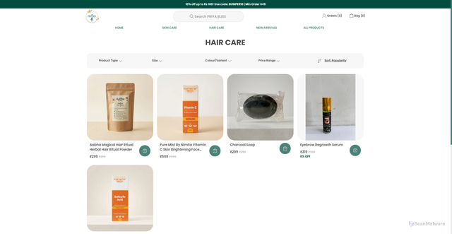 Security scan screenshot of https://priyabliss.com/HAIR-CARE/collection/18Q35542