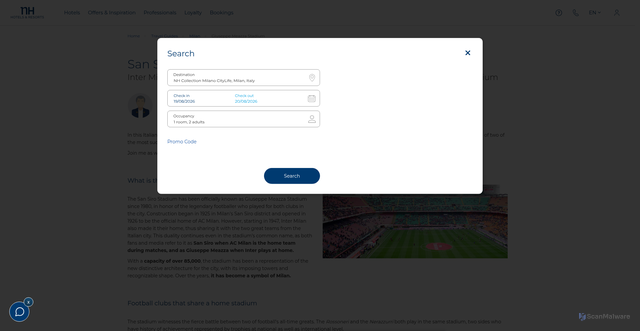 Security scan screenshot of https://www.nh-hotels.com/en/travel-guides/milan/giuseppe-meazza-stadium