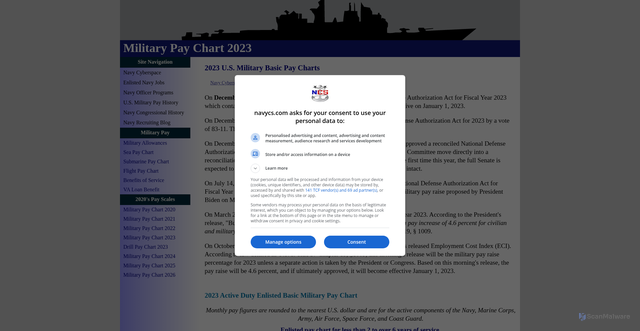 Security scan screenshot of https://www.navycs.com/charts/2023-military-pay-chart.html
