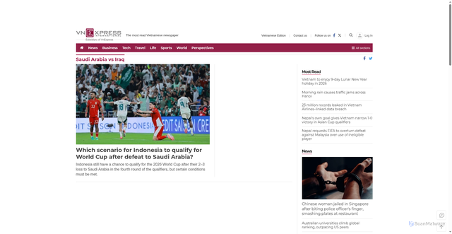 Security scan screenshot of https://e.vnexpress.net/saudi-arabia-vs-iraq/tag-1831579.html