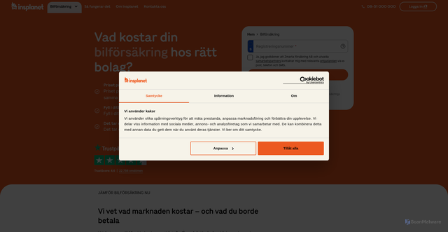 Security scan screenshot of https://www.insplanet.com/bilforsakring?apcid=006a904f8ce9260caae3610e&utm_campaign=LateWeek_Insplanet&utm_content=widget&utm_medium=email&utm_source=ortto&utm_term=cal-i2-fri-c1