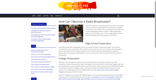 Security scan screenshot of https://www.bestcommunicationsdegrees.com/faq/how-can-i-become-a-radio-broadcaster/