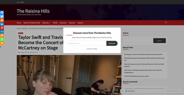 Security scan screenshot of https://theraisinahills.com/taylor-swift-travis-kelce-wedding-latest-news/