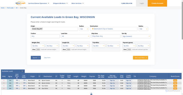 Security scan screenshot of https://www.directfreight.com/home/boards/find/loads/all/WI/Green%20Bay