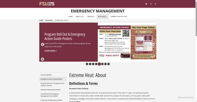 Security scan screenshot of https://emergency.fsu.edu/resources/hazard-response-guides/extreme-temperatures/extreme-heat-about