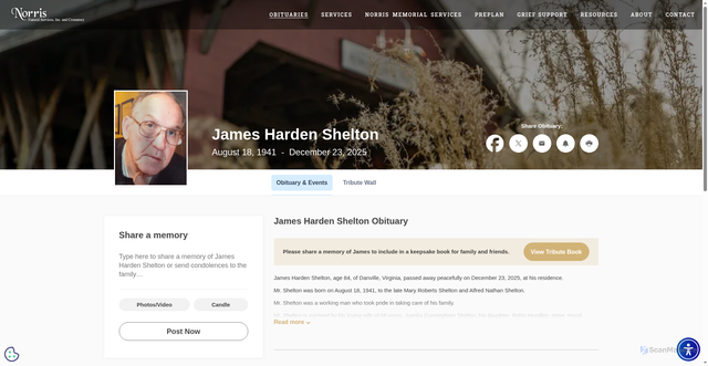 Security scan screenshot of https://www.norrisfuneral.com/obituaries/James-Harden-Shelton?obId=46779066