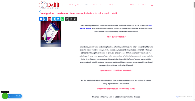 Security scan screenshot of https://www.dalilimedical.com/en/article-3023/Analgesic-and-medication-Paracetamol,-its-indications-for-use-in-detail