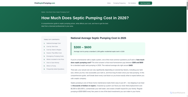 Security scan screenshot of https://findsepticpumping.pages.dev/how-much-does-septic-pumping-cost