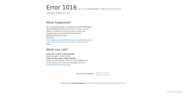 Security scan screenshot of https://fls-a2a307fb-f2fd-4664-8c1e-e855892944cf.laravel.cloud/