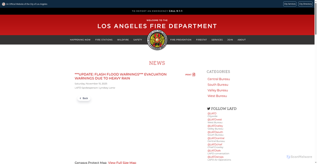 Security scan screenshot of https://lafd.org/news/update-flash-flood-warnings-evacuation-warnings-due-heavy-rain