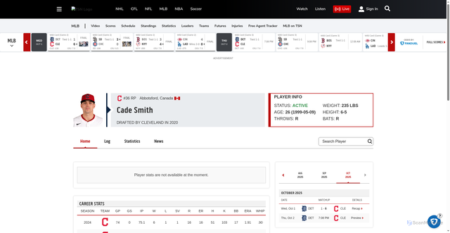 Security scan screenshot of https://www.tsn.ca/mlb/player/cade-smith/577826/