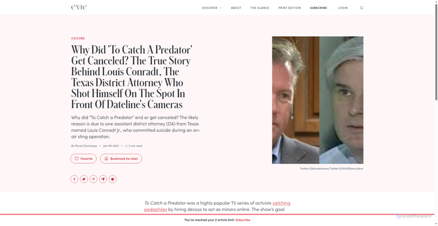 Security scan screenshot of https://www.eviemagazine.com/post/why-did-to-catch-a-predator-get-canceled-story-louis-conradt-texas-da