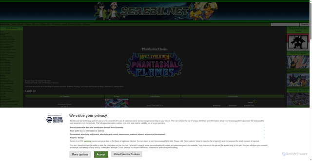 Security scan screenshot of https://www.serebii.net/card/phantasmalflames