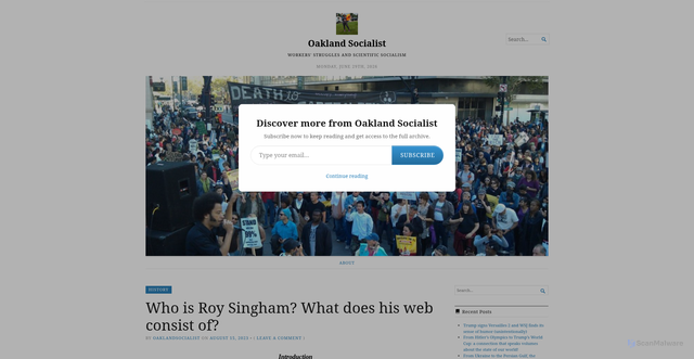 Security scan screenshot of https://oaklandsocialist.com/2023/08/15/who-is-roy-singham-what-does-his-web-consist-of/