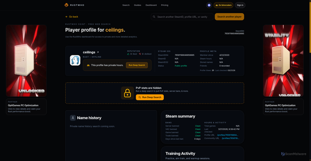 Security scan screenshot of https://www.rustwho.com/stats/76561199049959995