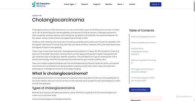 Security scan screenshot of https://www.gicancersalliance.org/cancer-types/cholangiocarcinoma