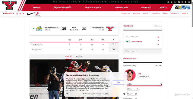 Security scan screenshot of https://ysusports.com/news/2025/10/4/football-penguins-fall-to-no-2-south-dakota-state-35-30.aspx