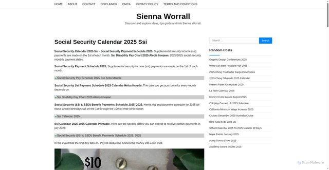 Security scan screenshot of https://siennaworrallx.pages.dev/mykjs-social-security-calendar-2025-ssi-vdjuv/