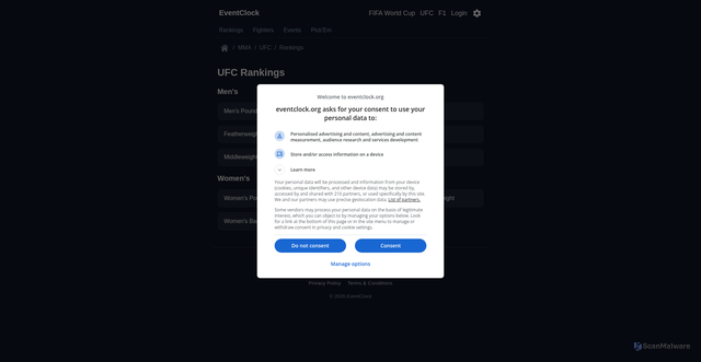 Security scan screenshot of https://eventclock.org/mma/ufc/rankings