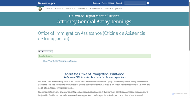 Security scan screenshot of https://attorneygeneral.delaware.gov/executive/immigrationassistance/