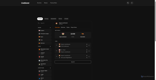 Security scan screenshot of https://www.livescore.com/en/football/team/bayer-leverkusen/15/overview/