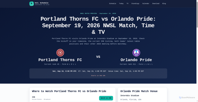 Security scan screenshot of https://www.nwslschedule.com/matches/2026-09-19-portland-thorns-vs-orlando-pride
