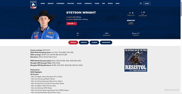 Security scan screenshot of https://www.prorodeo.com/bio/contestant/stetson-wright/96898