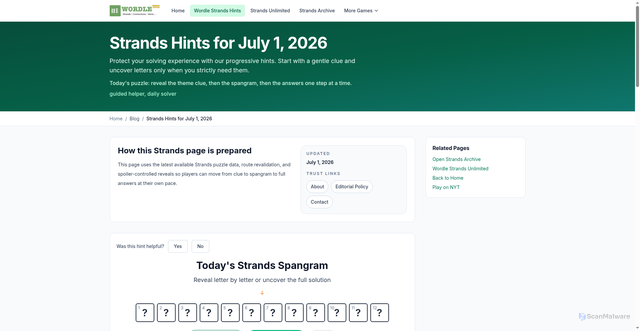 Security scan screenshot of https://wordlestrands.com/nyt-strands-hints-answers-today