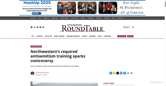 Security scan screenshot of https://evanstonroundtable.com/2025/10/05/northwestern-antisemitism-training-registration-holds/