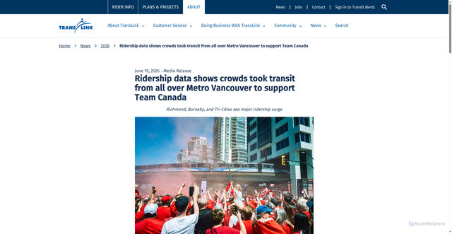 Security scan screenshot of https://www.translink.ca/news/2026/june/ridership%20data%20shows%20crowds%20took%20transit%20from%20all%20over%20metro%20vancouver%20to%20support%20team%20canada