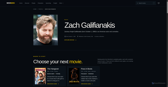 Security scan screenshot of https://movihero.com/person/zach-galifianakis