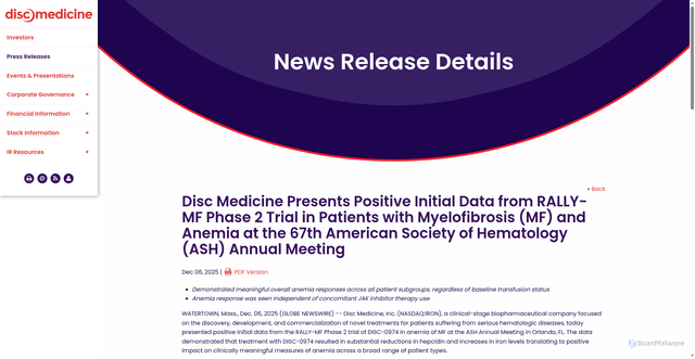 Security scan screenshot of https://ir.discmedicine.com/news-releases/news-release-details/disc-medicine-presents-positive-initial-data-rally-mf-phase-2