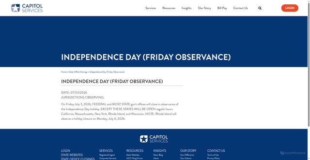 Security scan screenshot of https://www.capitolservices.com/state-office-closing/independence-day/