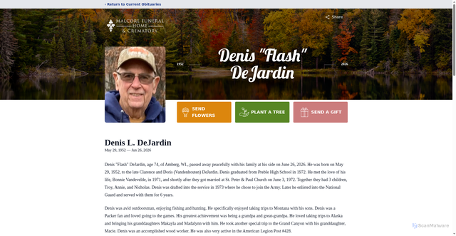Security scan screenshot of https://www.malcorefuneralhome.com/obituaries/denis-dejardin