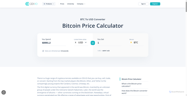Security scan screenshot of https://cex.io/bitcoin-calculator