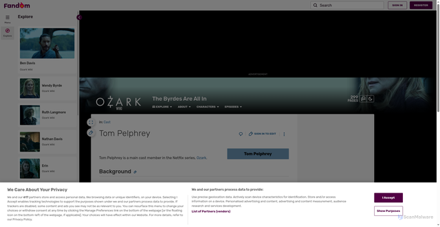 Security scan screenshot of https://ozark-netflix.fandom.com/wiki/Tom_Pelphrey