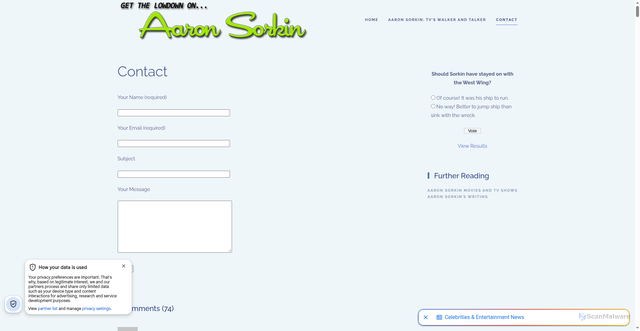 Security scan screenshot of https://aaronsorkin.com/contact/