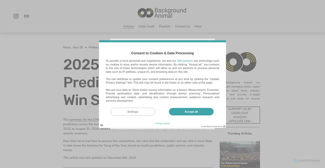 Security scan screenshot of https://www.backgroundanimal.com/articles/grammy-song-of-the-year-2025-predictions